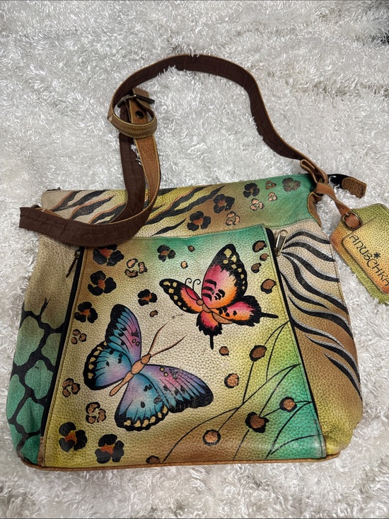 Anuschka Handbags - Anuschka Hand-Painted Multicolor Butterfly Crossbody Bag with Brown Strap